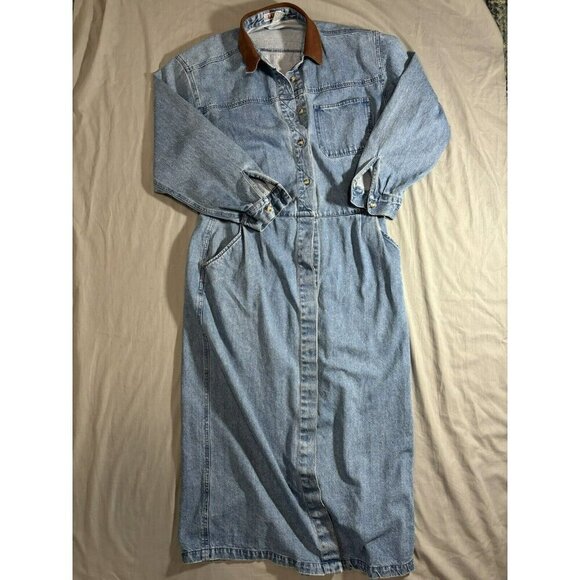 Vintage Denim Maxi Dress by FADS Button Front Prairie Womens sz 14 - Picture 2 of 9